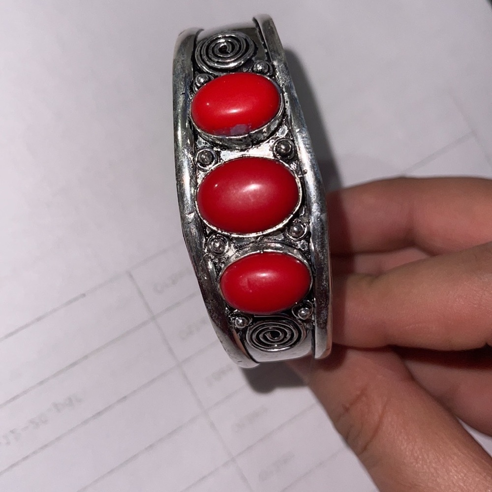 Coral stone sterling silver cuff bracelet